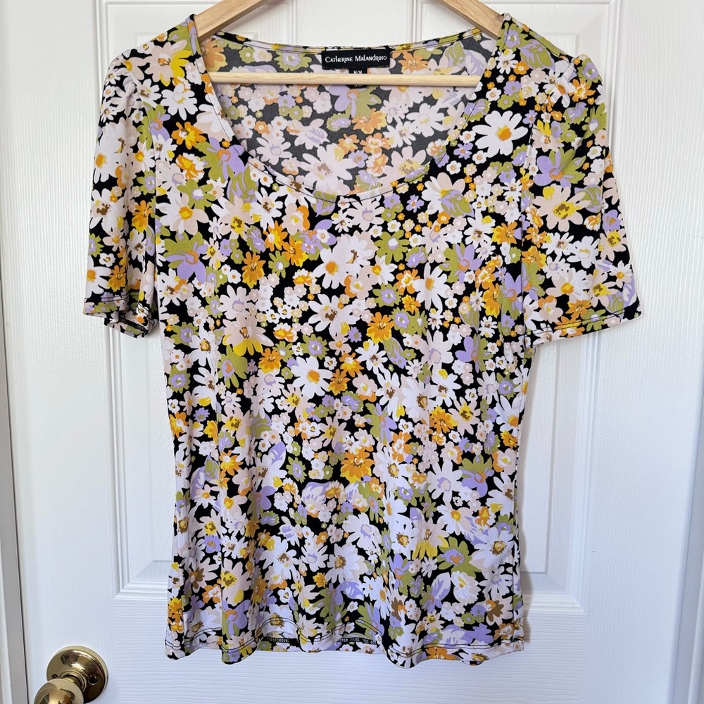Catherine Malandrino Floral-Print Puff Sleeve Top Sz M